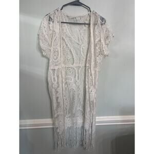 Boho Lace Fringe Kimono | White | Sheer Cover Up | Festival Layer - One Size